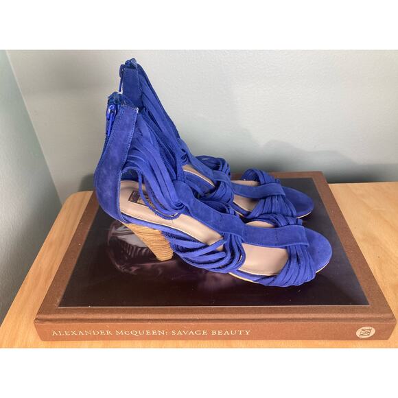 Zara Electric Blue Suede Strappy Sandals Wood Heel ~ Sz 40 10 ~ So Fetch! - Picture 2 of 7